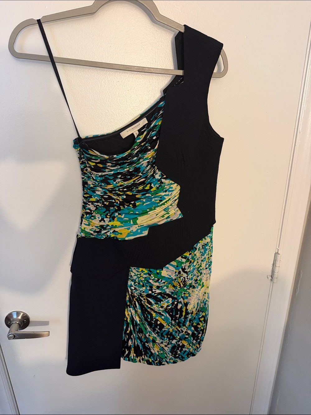 BCBGMaxAzria One-Shoulder Mixed Teal, Yellow & Black Dress